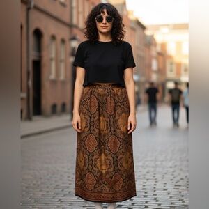 Donna Morgan Brown and Gold Pleated Maxi Skirt Toile Pattern Motifs with Zipper